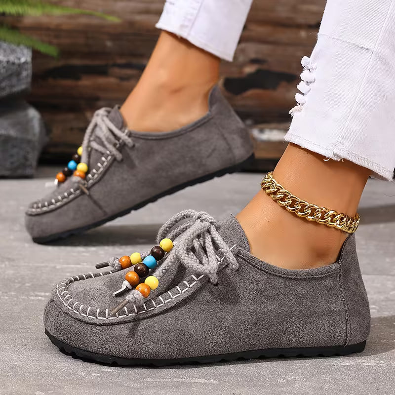 Comfortable Loafers for Women with Beaded Lace Detail Moccasin Stitch Platform Sole