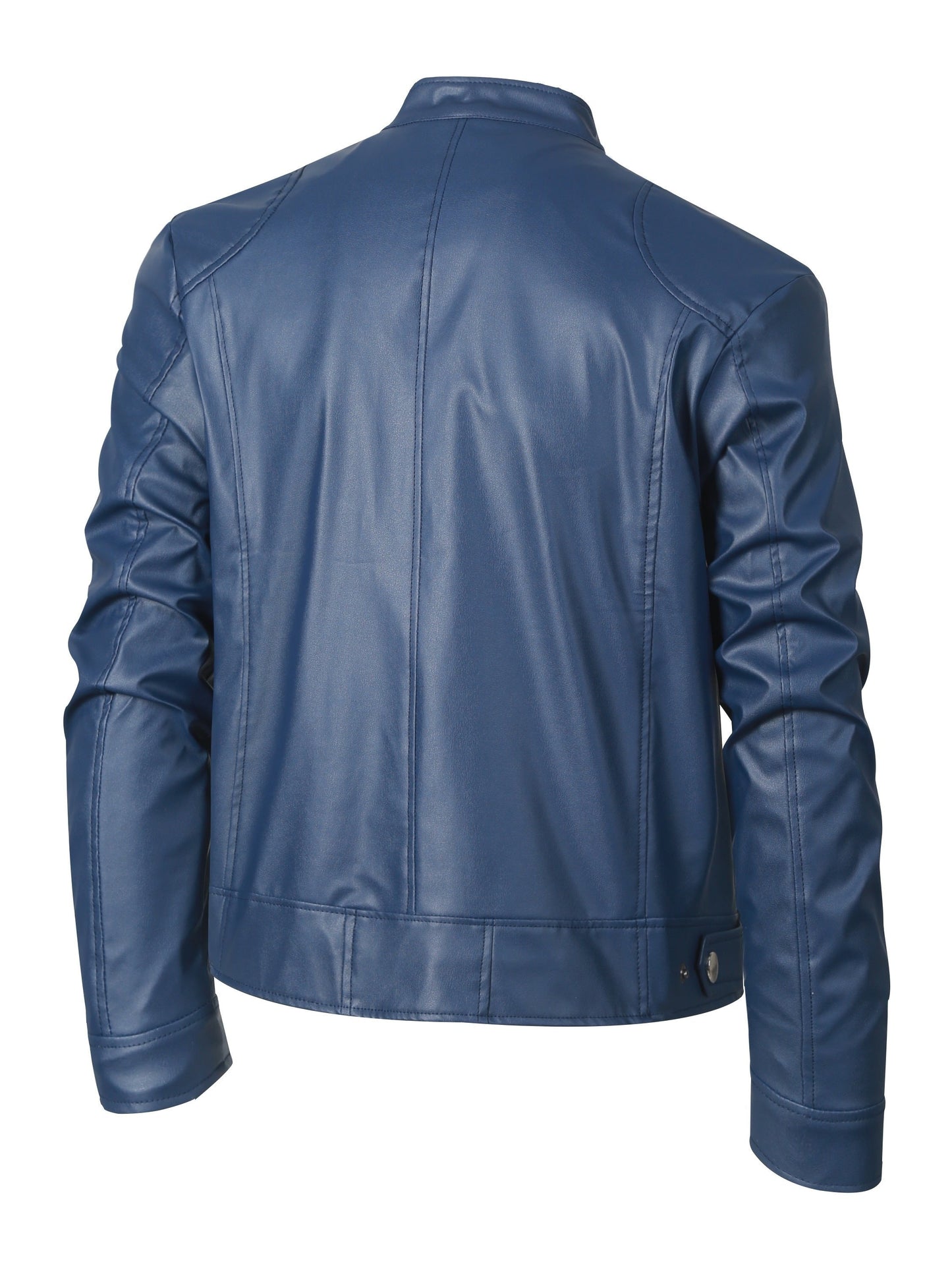 Elegant Navy Blue Faux Leather Jacket for Women with Stand Collar Long Sleeve Zip Front Moto Style