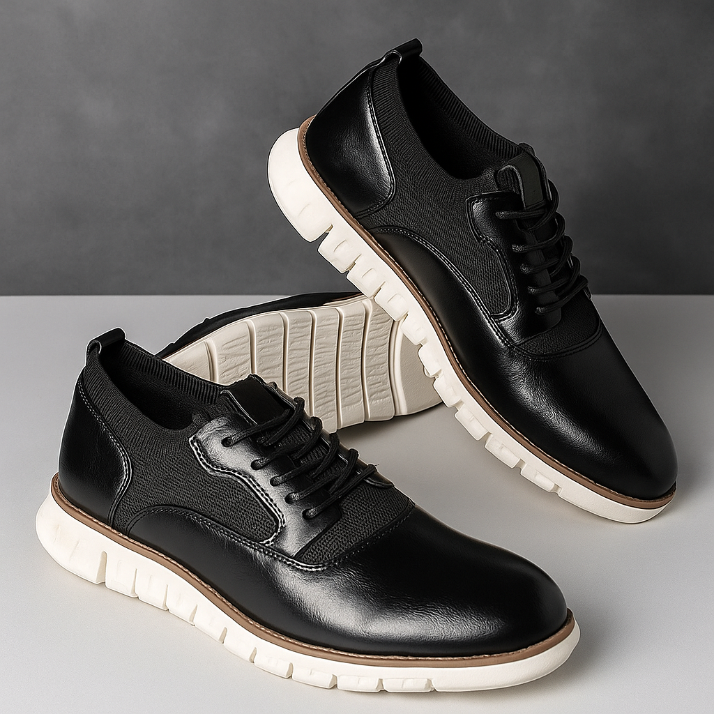 Stylish Leather Sneaker for Women with Round Toe Lace-Up Knit Panel Lug Sole Casual Style