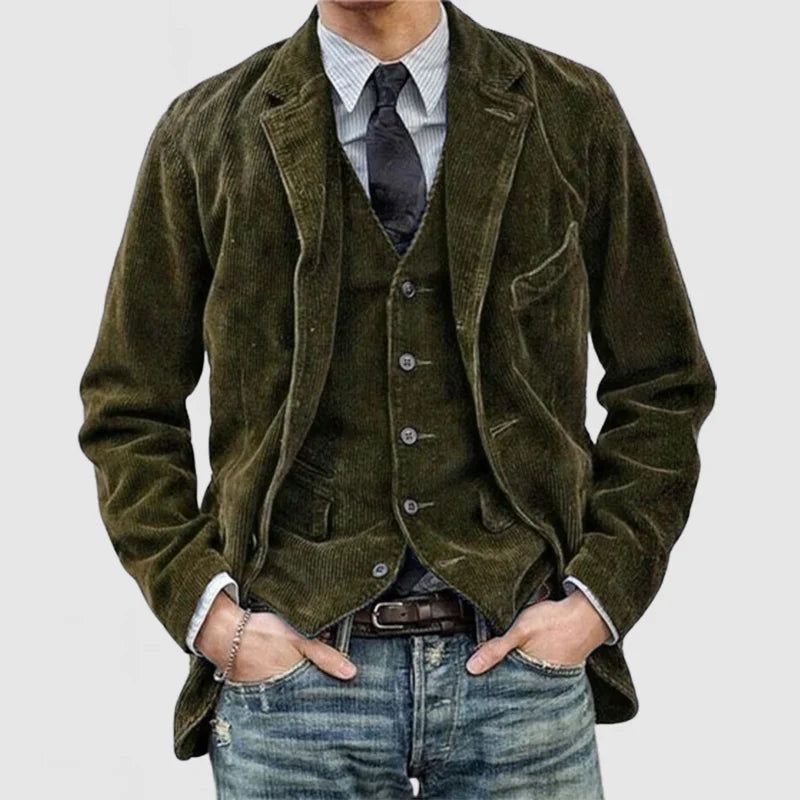 Elegant Corduroy Suit Jacket for Women with Notch Lapel Long Sleeve Layered Vest Detail Casual Style