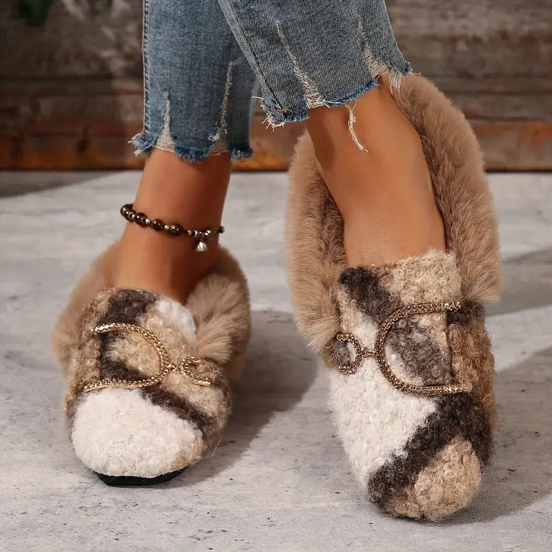 Comfortable Beige Slippers for Women with Faux Fur Upper Bow Detail Slip On House Shoe Style