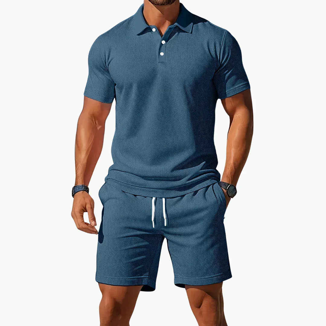 Effortless Textured Polo Two Piece Set for Women with Button Collar Short Sleeve Drawstring Shorts Casual Style