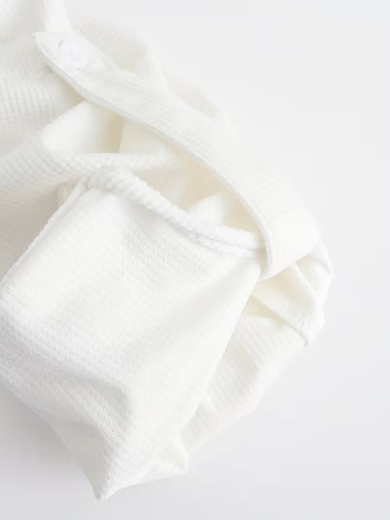 Effortless White Waffle Knit Shirt for Women with Band Collar Long Sleeve Button Placket Relaxed Style