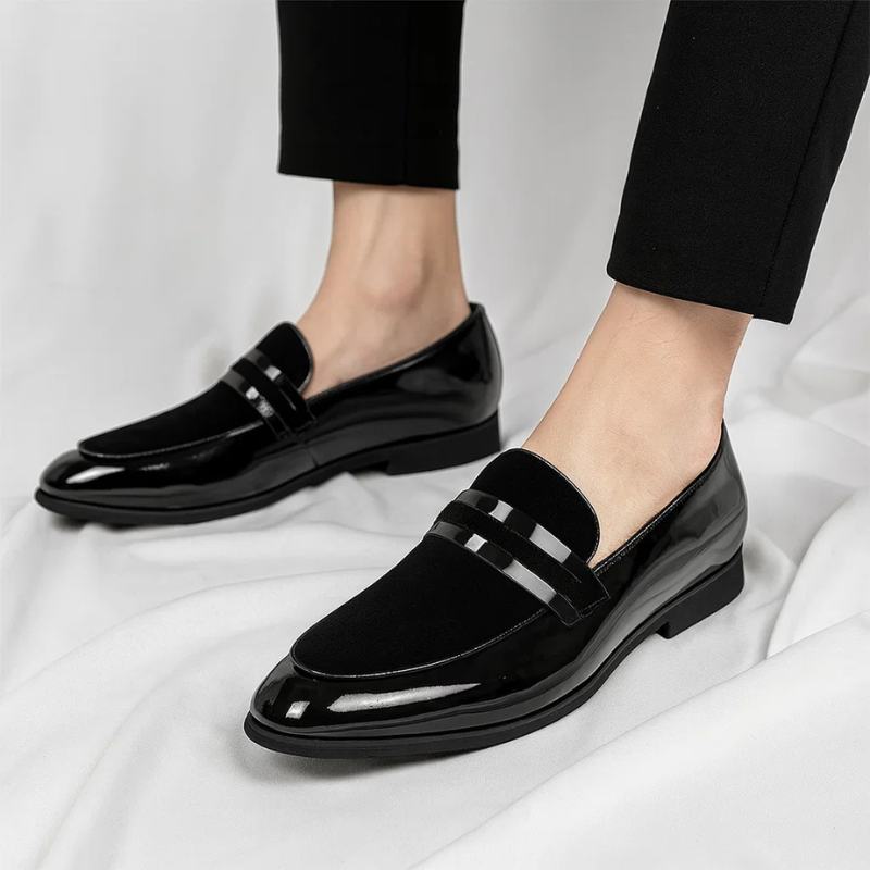 Elegant Velvet Patent Leather Loafer for Women with Pointed Toe Penny Strap Slip-On Style