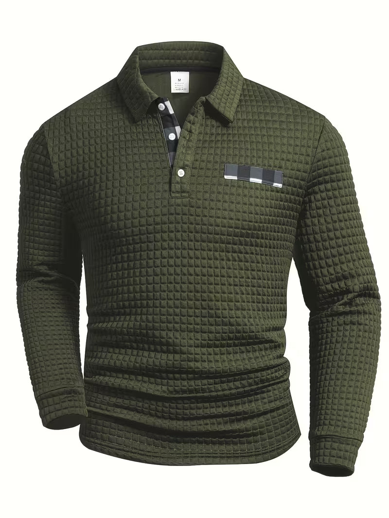 Comfortable Waffle Knit Polo Shirt for Women with Collared Long Sleeve Button Placket Plaid Trim Casual Style