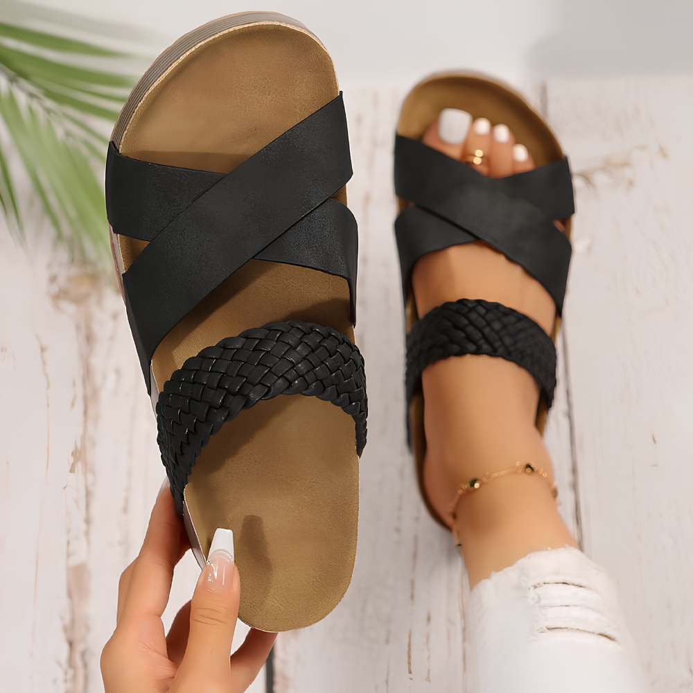 Comfortable Slide Sandals for Women with Crossover Woven Strap Cork Footbed Open Toe Style