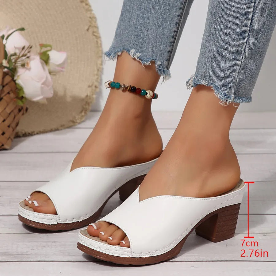 Comfortable Mules Heels for Women with Wide Band Wood Look Block Heel Peep Toe Slide Style