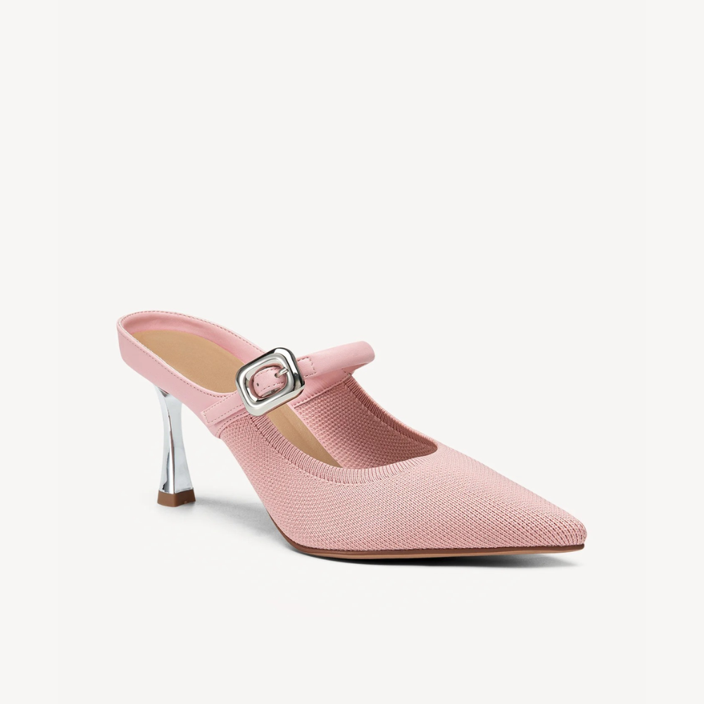 Elegant Mules Heels for Women with Pointed Toe Buckle Strap Kitten Heel Slip On Style