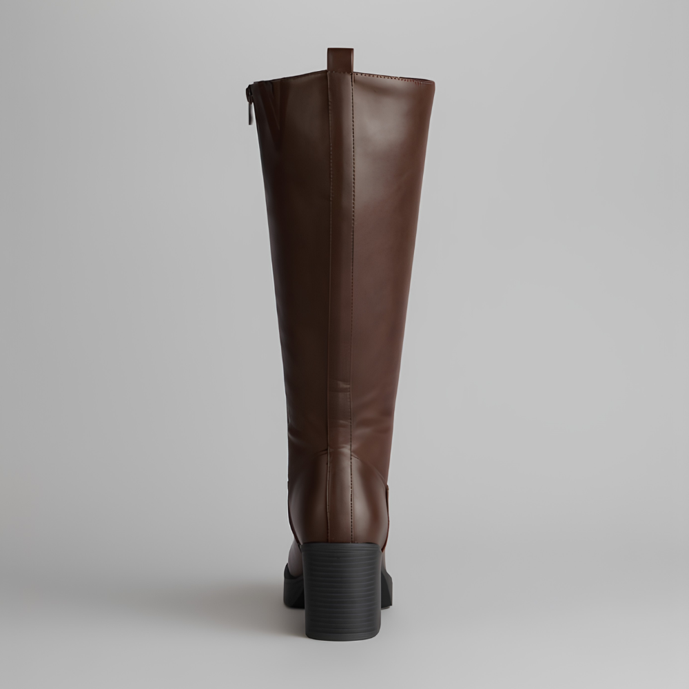 Elegant Knee High Boots for Women with Round Toe Side Zip Block Heel Leather Look Style