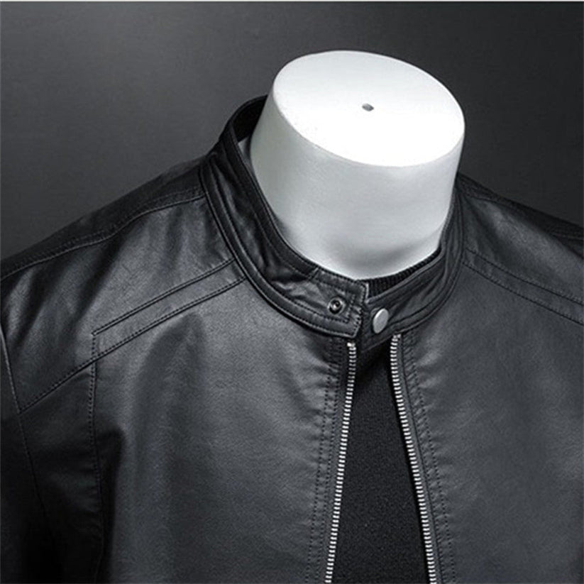 Elegant Black Leather Jacket for Women with Stand Collar Long Sleeve Zip Front Slim Fit Moto Style