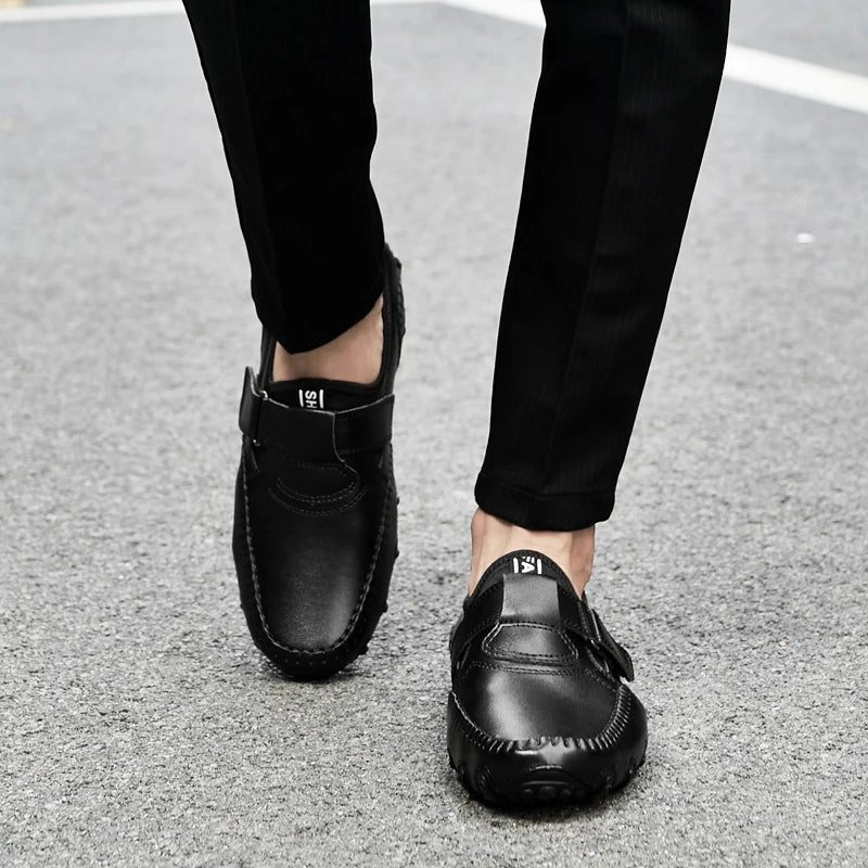 Effortless Leather Driving Loafers for Women with Hook and Loop Strap Hand Stitched Moc Toe Casual Style
