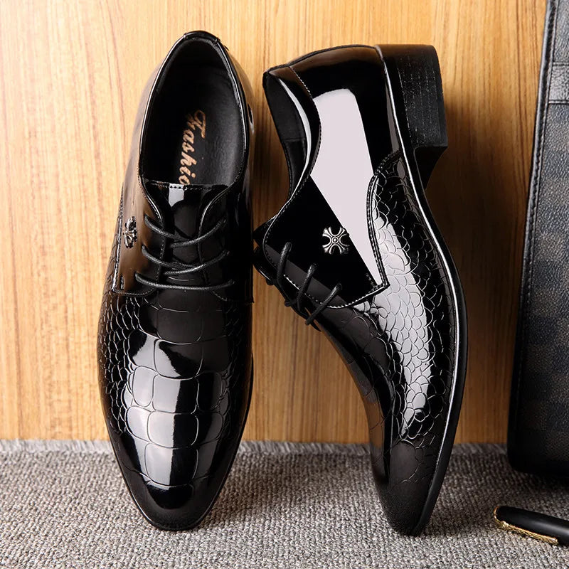 Elegant Black Patent Leather Dress Shoe for Women with Lace Up Pointed Toe Crocodile Embossed Style