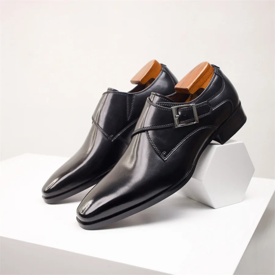 Elegant Leather Monk Strap Shoes for Women with Pointed Toe Silver Buckle Polished Formal Style