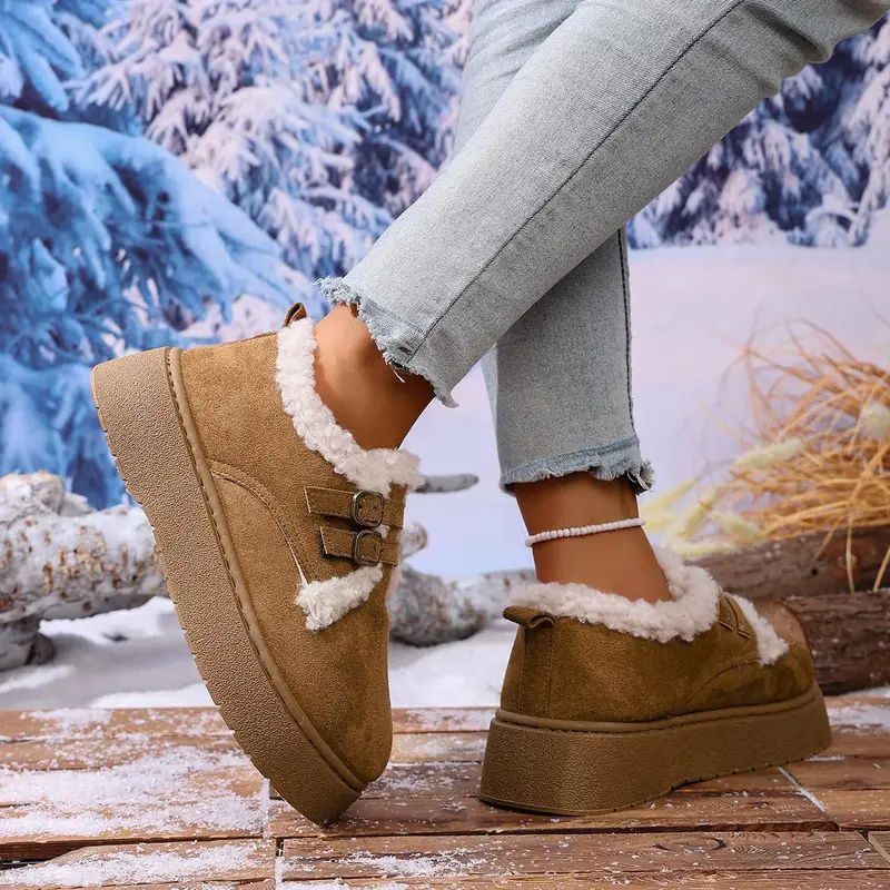 Comfortable Winter Shoes for Women with Faux Fur Lining Double Buckle Strap Platform Sole Style
