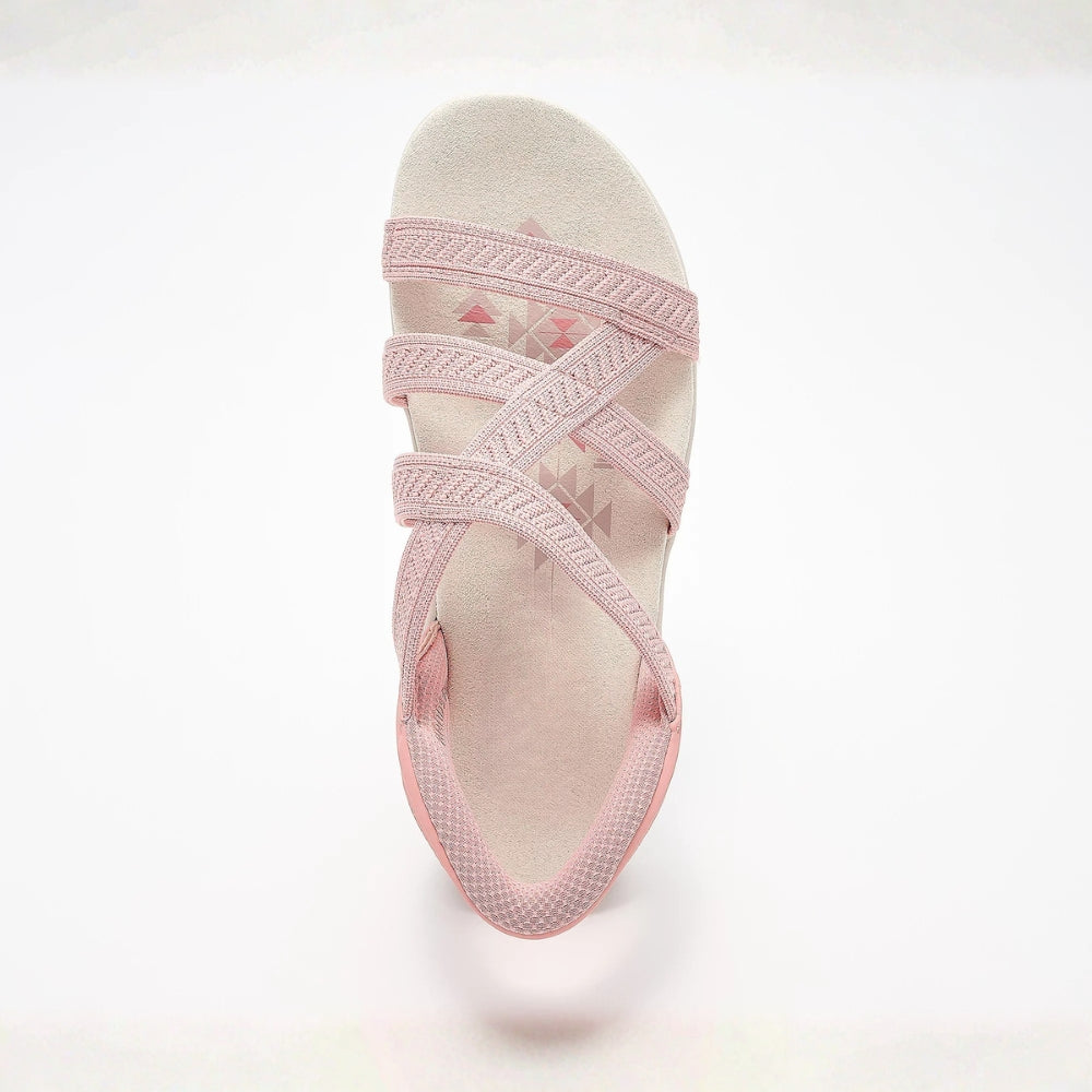 Comfortable Sandals for Women with Multi Strap Woven Upper Cushioned Flat Sole Slip On Style