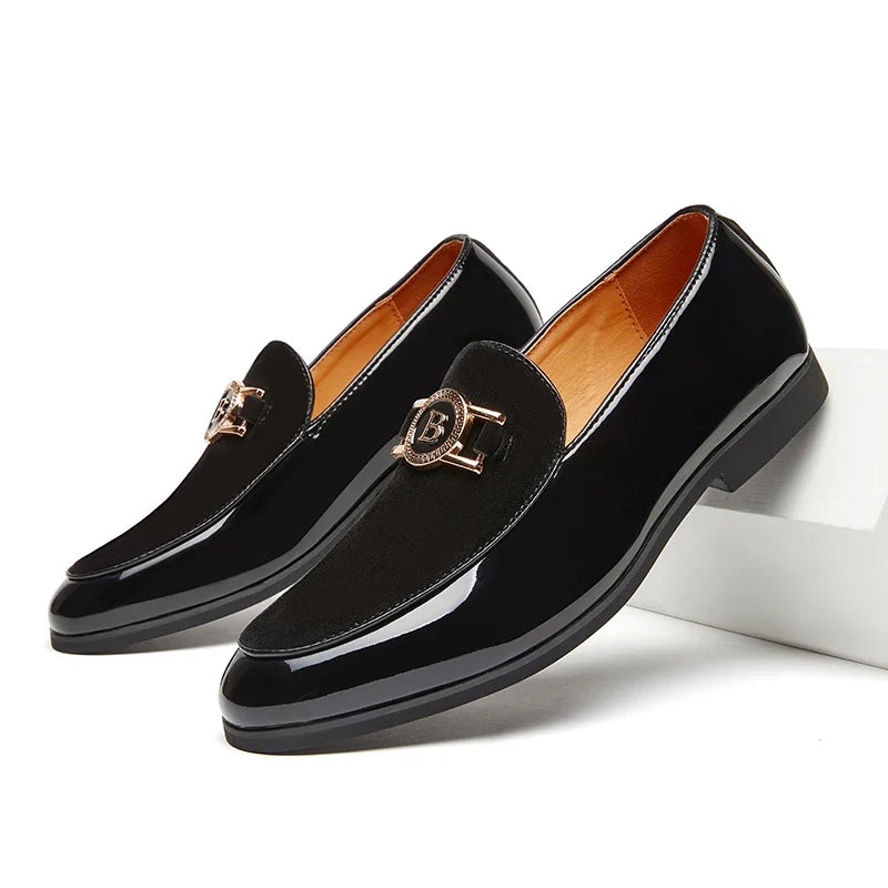 Stylish Suede Loafers for Women with Patent Toe Cap Metallic Buckle Slip On Style