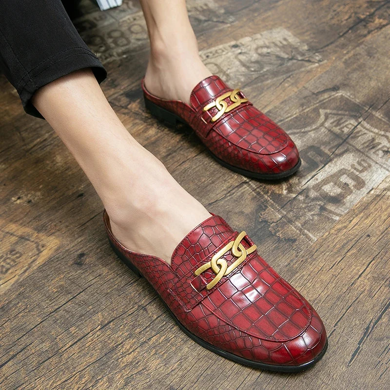 Elegant Croc Embossed Leather Mule Loafer for Women with Chain Buckle Square Toe Slip On Casual Style