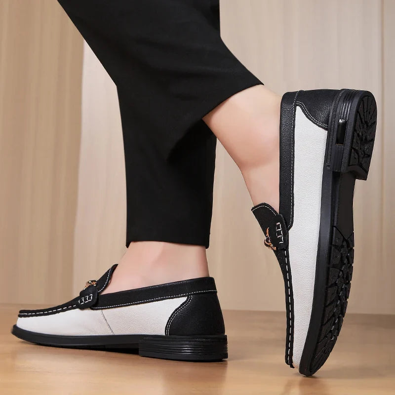 Effortless Perforated Leather Loafers with Horsebit Buckle Slip On Colorblock Casual Style