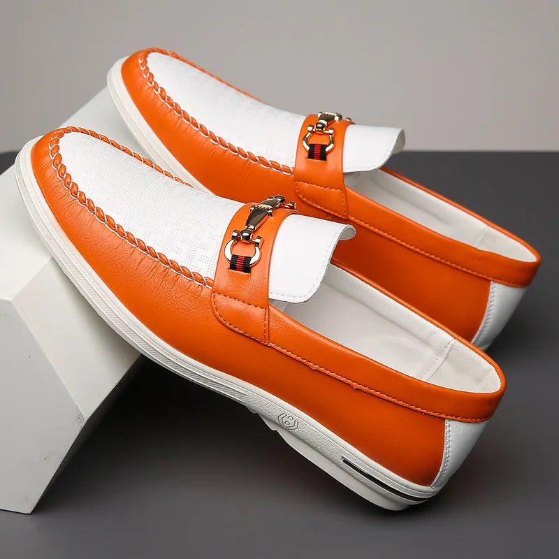 Effortless Two Tone Leather Loafers for Women with Round Toe Horsebit Buckle Backless Mule Casual Style