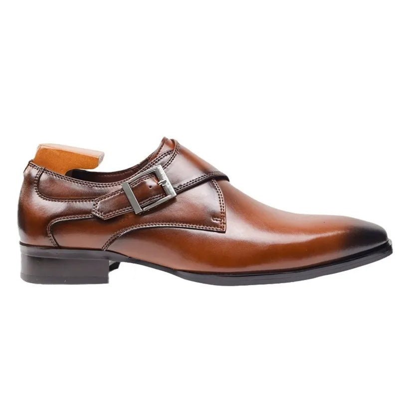 Elegant Leather Monk Strap Dress Shoe for Women with Silver Buckle Pointed Toe Stacked Heel Formal Style