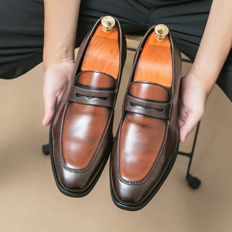 Elegant Leather Penny Loafers for Women with Contrast Panel Pointed Toe Slip On Formal Style