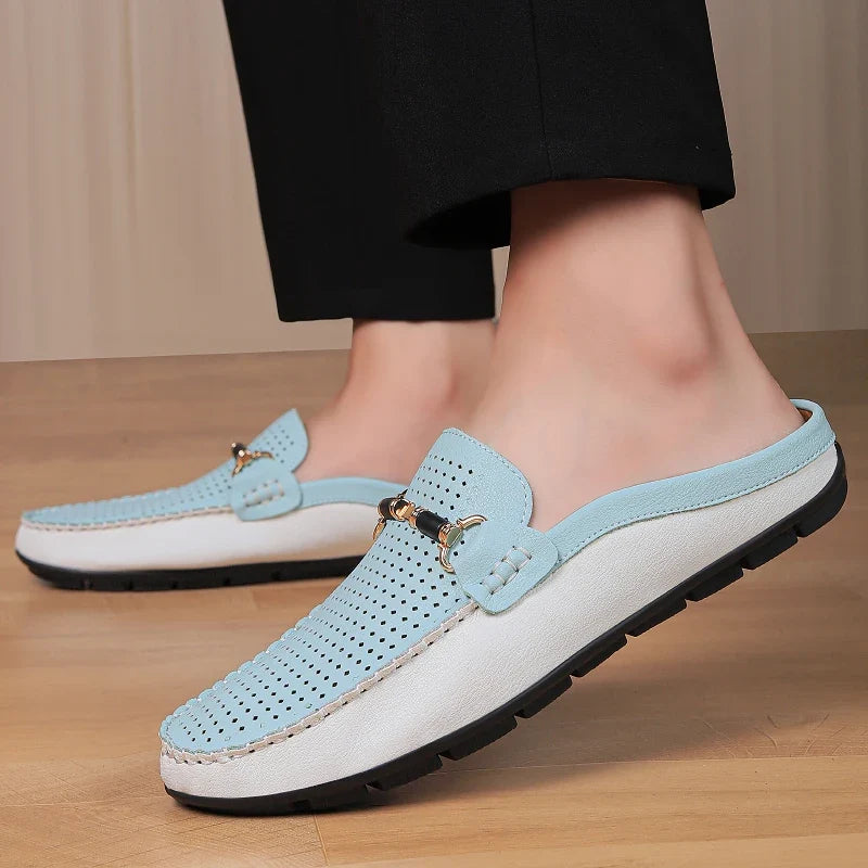 Effortless Perforated Leather Loafer Mule for Women with Horsebit Buckle Contrast Sole Slip-On Casual Style