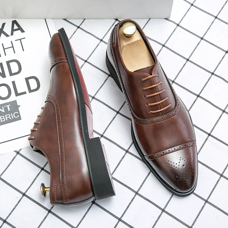 Stylish Black Leather Oxford Shoe for Women with Cap Toe Lace Up Perforated Brogue Style
