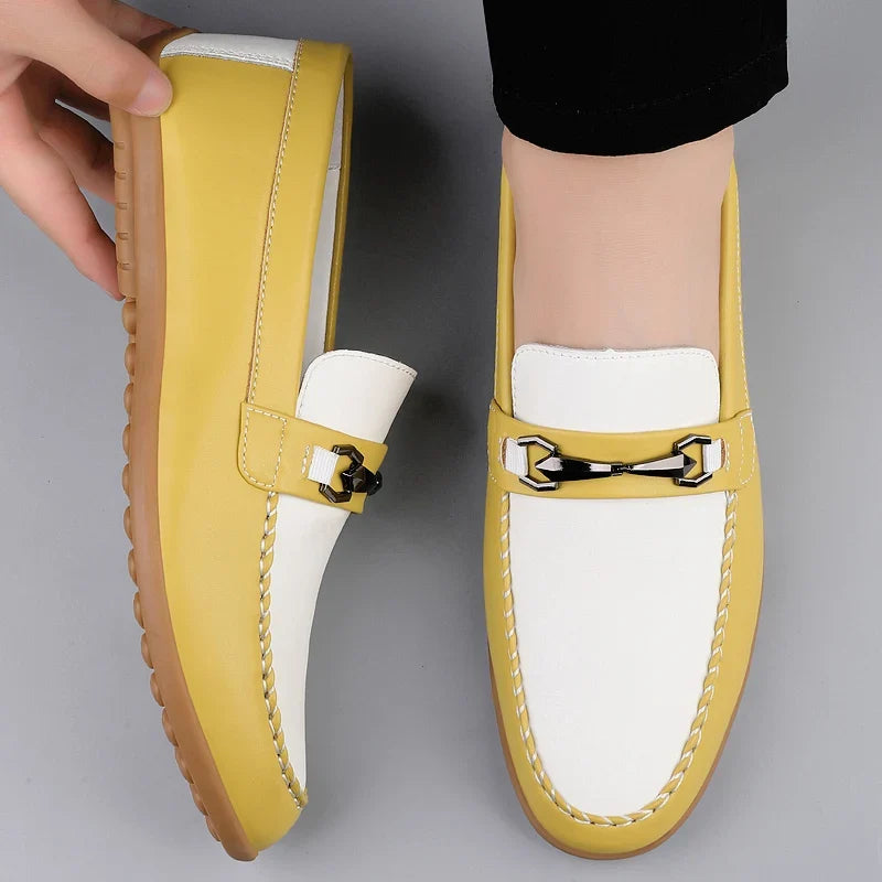Comfortable Leather Loafers for Women with Slip On Moccasin Toe Buckle Detail Casual Style