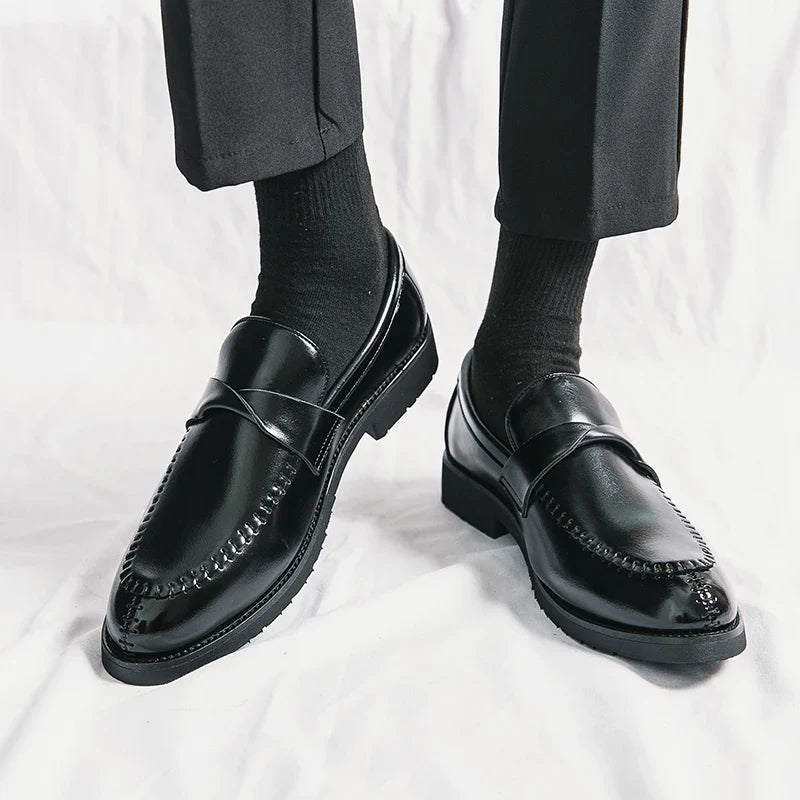 Stylish Leather Penny Loafers for Women with Woven Strap Stitched Apron Chunky Sole Style