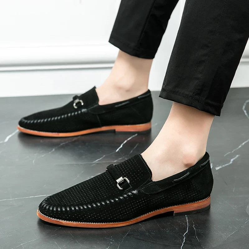 Stylish Perforated Suede Loafer for Women with Horsebit Buckle Moc Toe Slip On Casual Style
