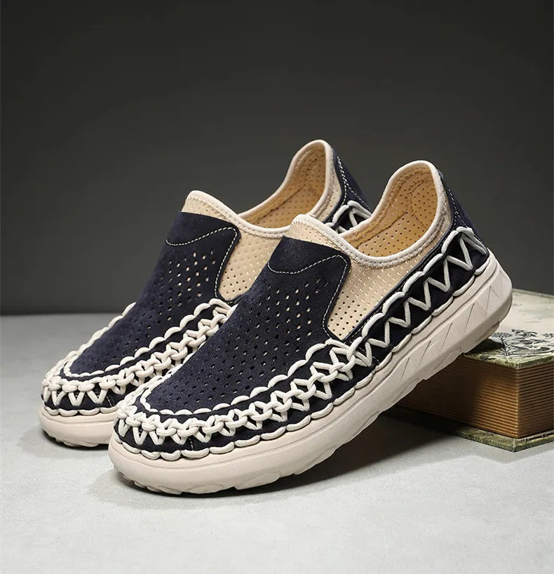 Comfortable Suede Slip On Loafer Sneaker for Women with Woven Stitch Perforated Chunky Sole Style