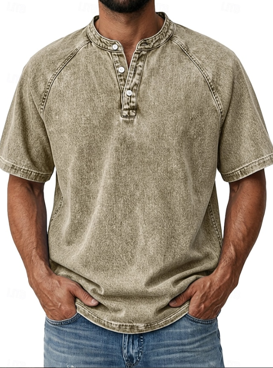 Effortless Denim Henley Shirt for Women with Band Collar Short Sleeve Raglan Button Placket Casual Style