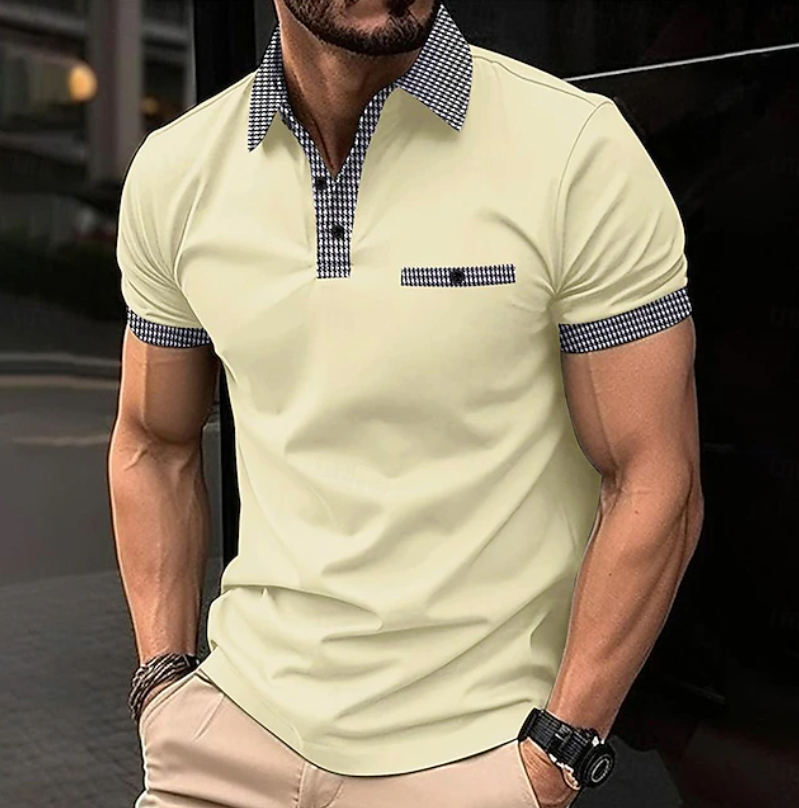 Effortless Houndstooth Trim Polo Shirt for Women with Collar Short Sleeve Button Placket Casual Style