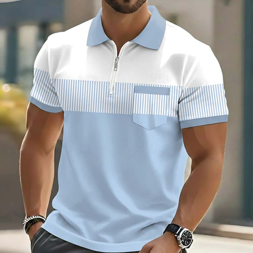 Effortless Striped Colorblock Polo Shirt for Women with Collar Short Sleeve Zip Front Chest Pocket Casual Style