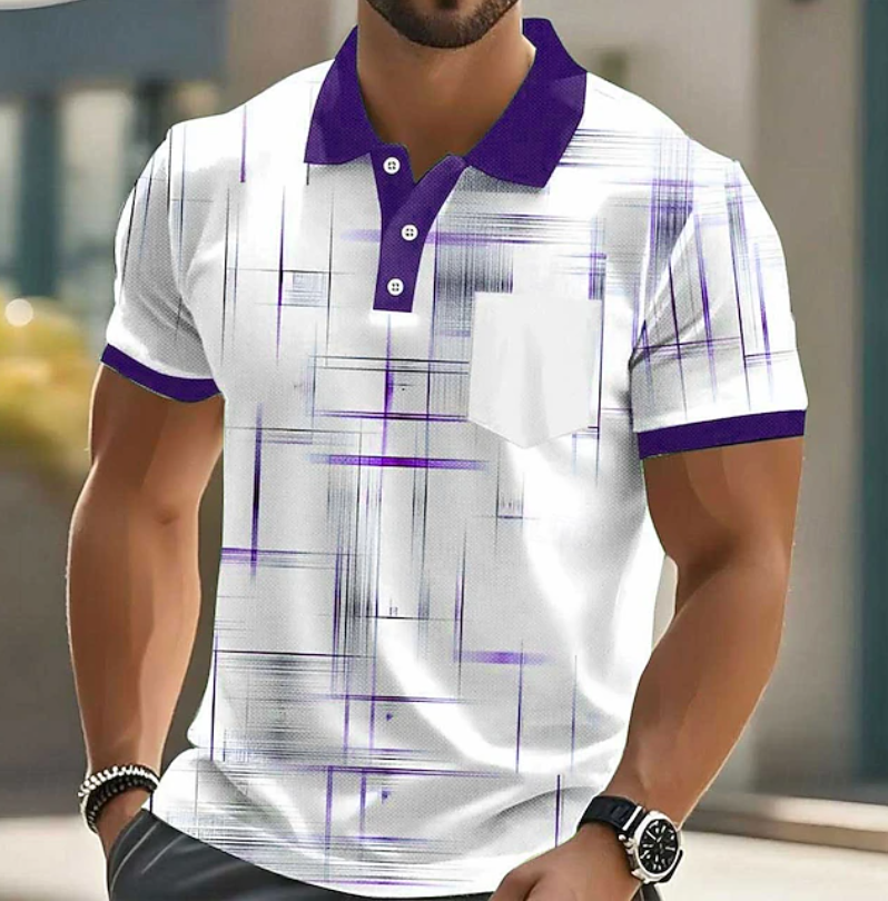 Effortless Abstract Print Polo Shirt for Women with Collar Short Sleeve Button Placket Chest Pocket Casual Style