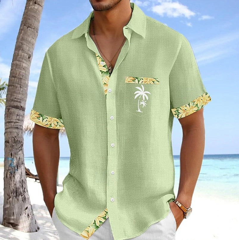 Effortless Linen Tropical Print Hawaiian Shirt for Women with Collar Short Sleeve Button Front Chest Pocket Casual Style