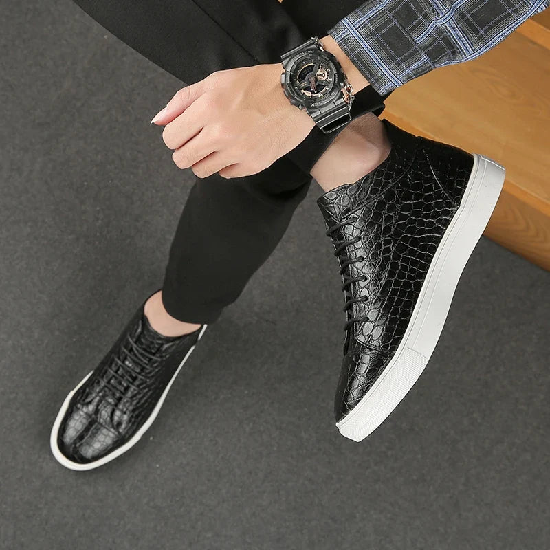 Stylish Crocodile Embossed Leather High Top Sneakers for Women with Lace Up Round Toe Relaxed Casual Style
