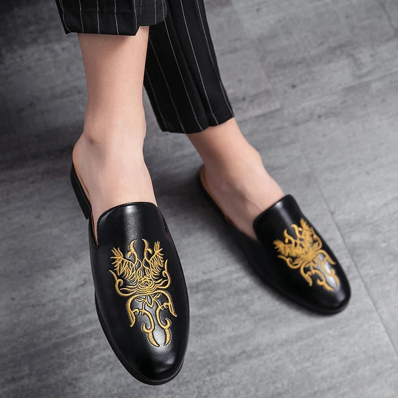 Stylish Embroidered Dragon Leather Mule for Women with Backless Slip On Round Toe Casual Style