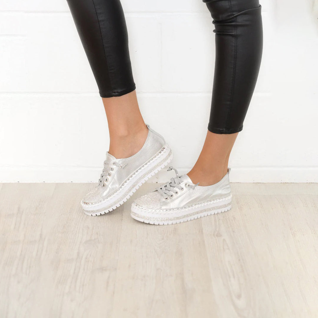 Elegant Silver Rhinestone Platform Sneaker for Women with Round Toe Lace Up Quilted Trim Casual Style