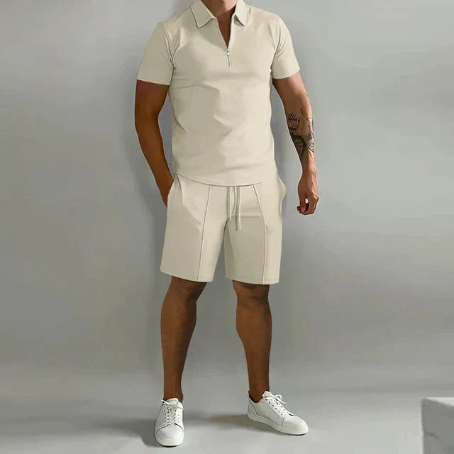 Effortless Polo Two Piece Set for Women with Zip Collar Short Sleeve Drawstring Shorts Casual Style