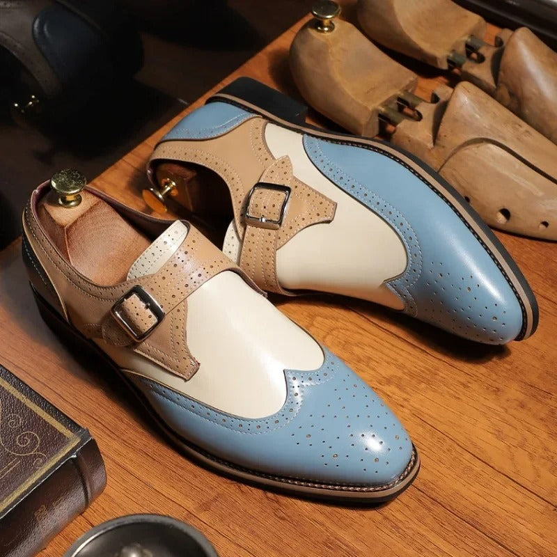 Elegant Colorblock Leather Monk Strap Shoe with Wingtip Brogue Pointed Toe Formal Style