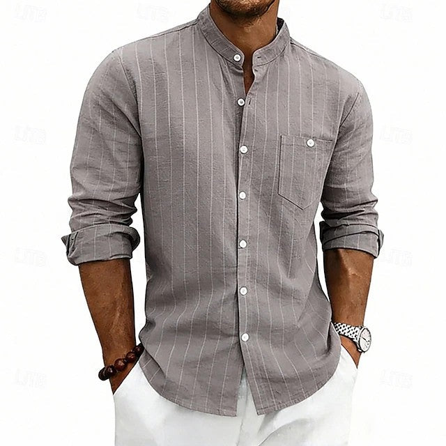 Effortless Striped Linen Shirt for Women with Band Collar Long Sleeve Chest Pocket Casual Style