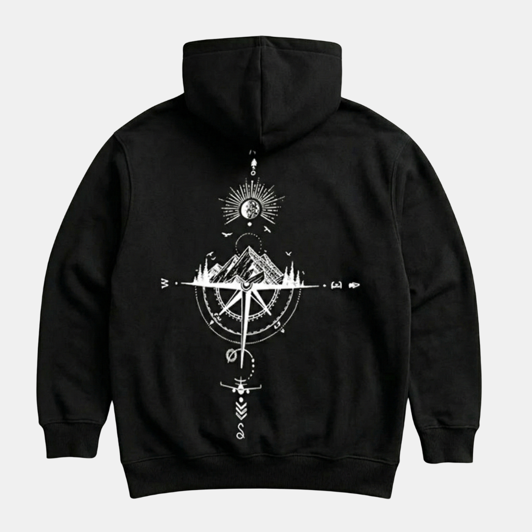 Comfortable White Celestial Compass Print Hoodie for Women with Drawstring Hood Long Sleeve Relaxed Oversized Style