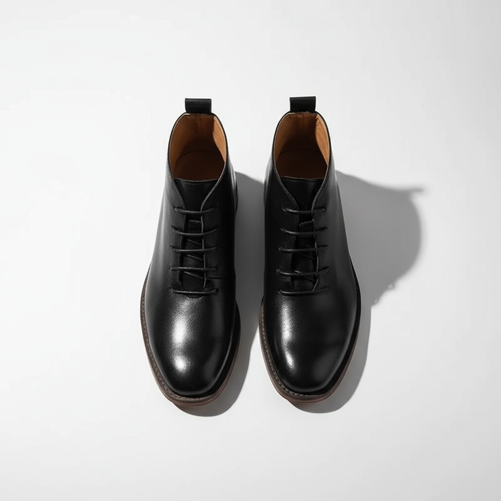 Elegant Leather Chukka Boot for Women with Lace Up Round Toe Stacked Heel Casual Style