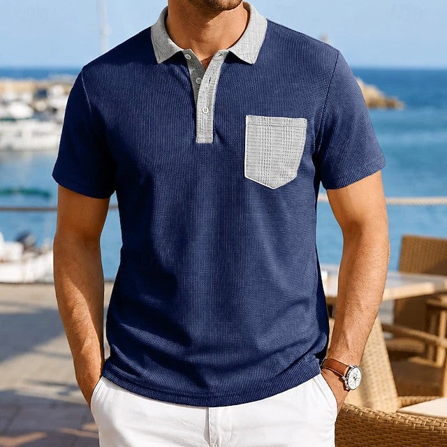 Effortless Waffle Knit Polo Shirt for Women with Contrast Collar Short Sleeve Chest Pocket Casual Style