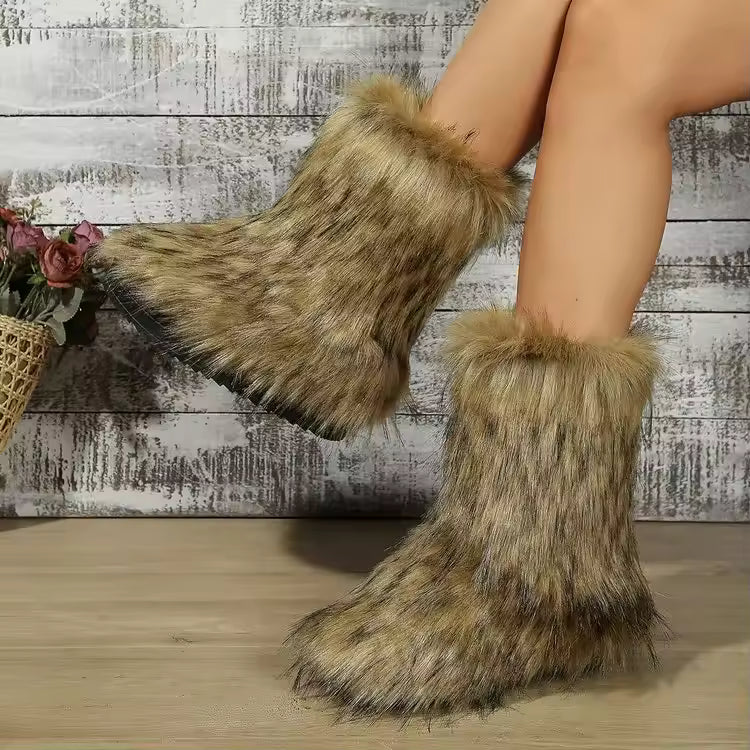 Comfortable Winter Shoes Women with Faux Fur Shaft Pull On Flat Sole Fluffy Boot Style