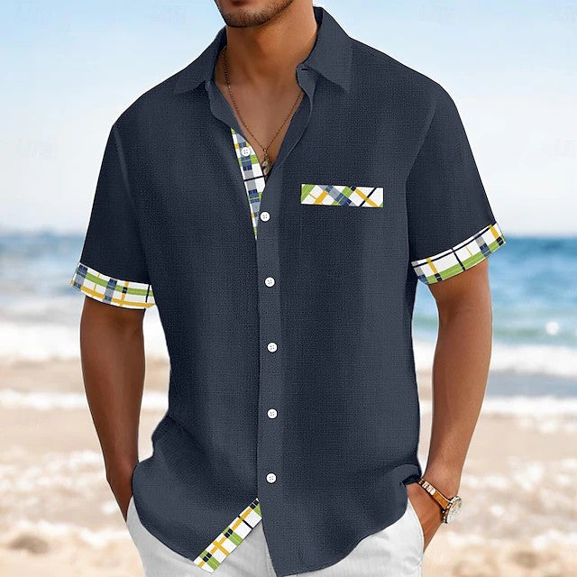 Effortless Plaid Trim Button Up Shirt for Women with Collar Short Sleeve Chest Pocket Casual Style