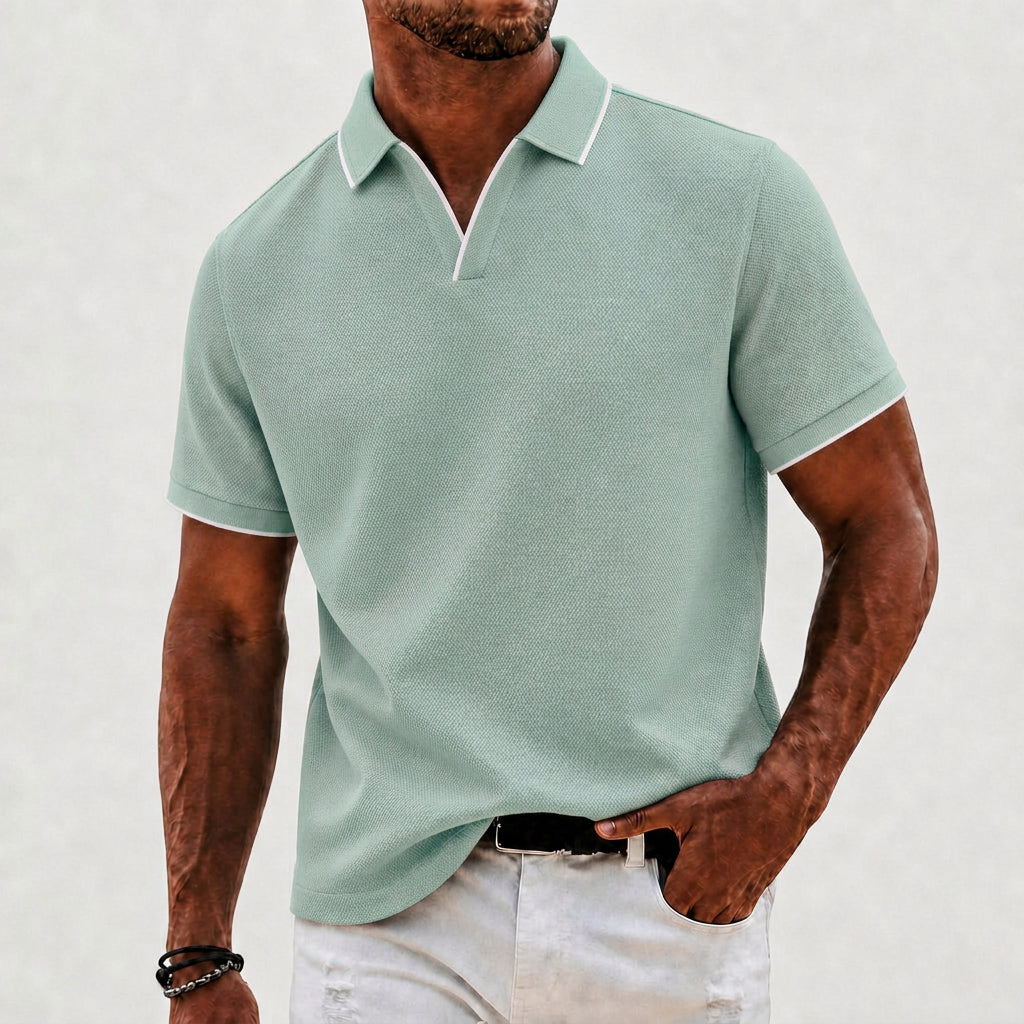 Effortless Textured Knit Polo Shirt for Women with V Neck Short Sleeve Contrast Trim Relaxed Style