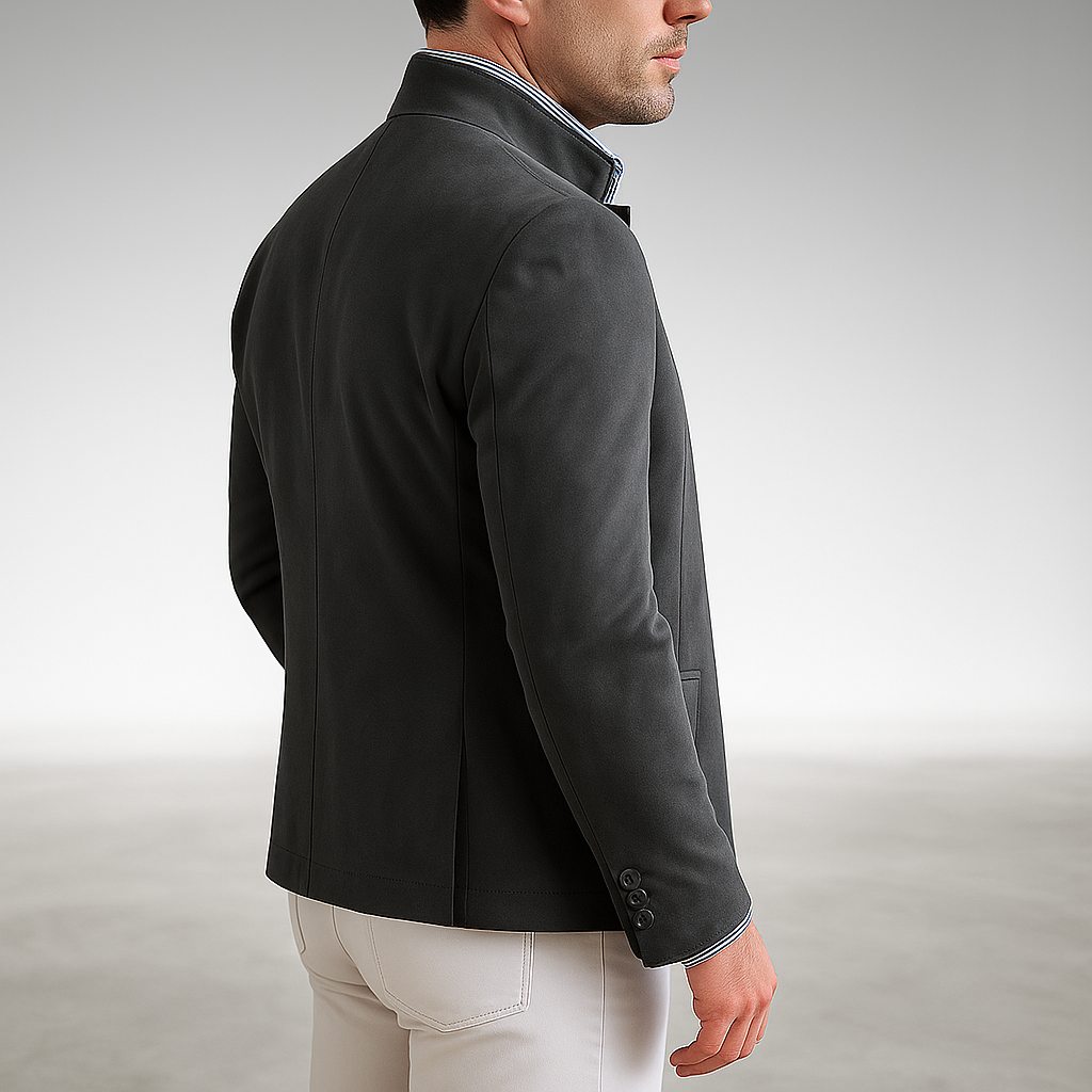 Elegant Suede Blazer for Women with Mandarin Collar Long Sleeve Button Front Tailored Style