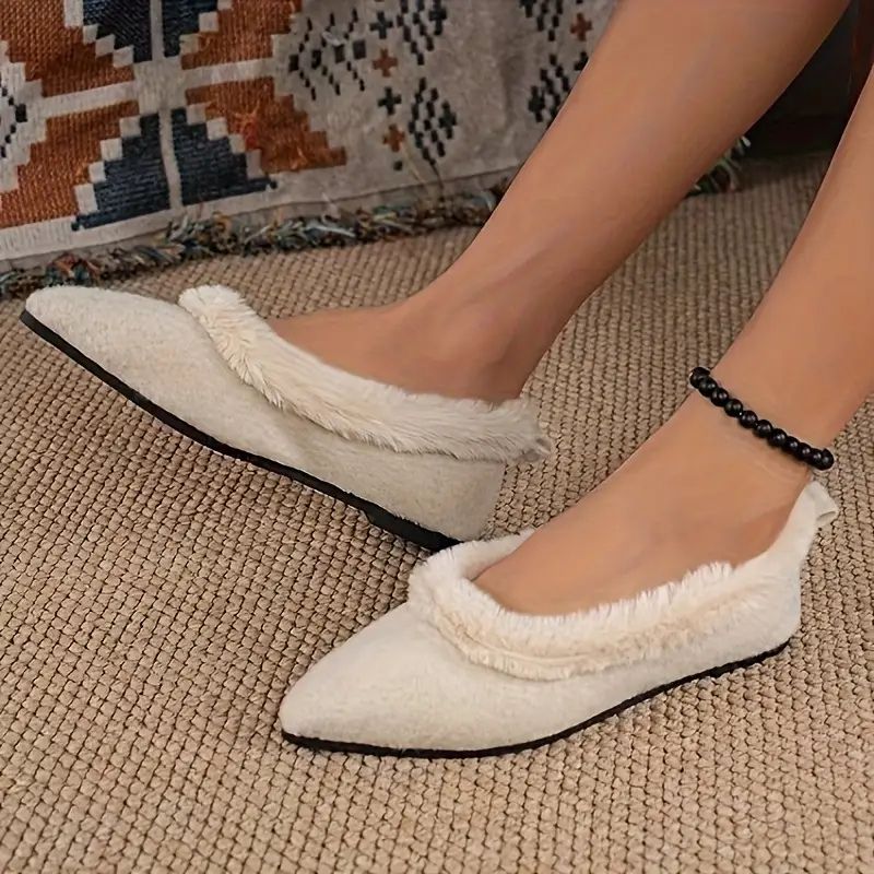 Comfortable House Shoes for Women with Pointed Toe Faux Fur Lining Knit Slip On Style